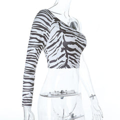 One shoulder long sleeve zebra print top