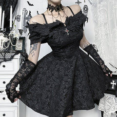 Off shoulder cross applique zip-up mini dress