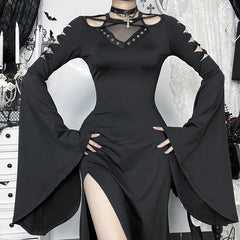Long flared sleeve hollow out high slit cut out maxi dress