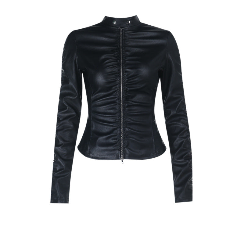 Long sleeve PU leather zip-up top