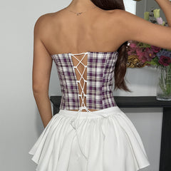 Plaid sweetheart neck lace up ruffle corset top