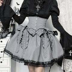 Striped print lace hem bowknot mini skirt
