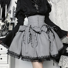 Striped print lace hem bowknot mini skirt