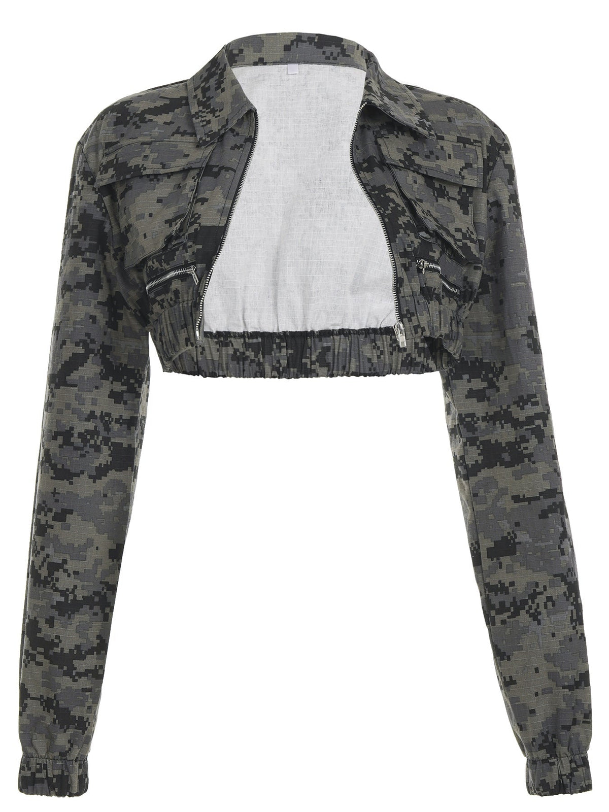 Long sleeve zip-up camouflage turnover collar top