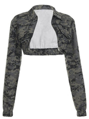 Long sleeve zip-up camouflage turnover collar top