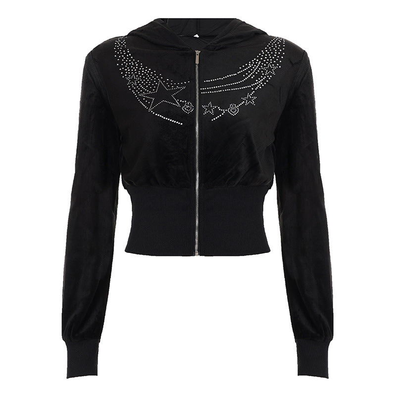 Hoodie long sleeve zip-up velvet beaded top