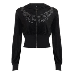 Hoodie long sleeve zip-up velvet beaded top