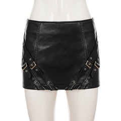 Buckle zip-up PU leather mini skirt