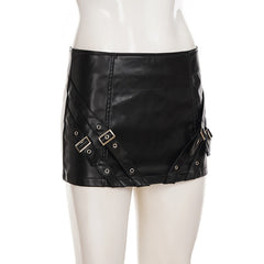 Buckle zip-up PU leather mini skirt