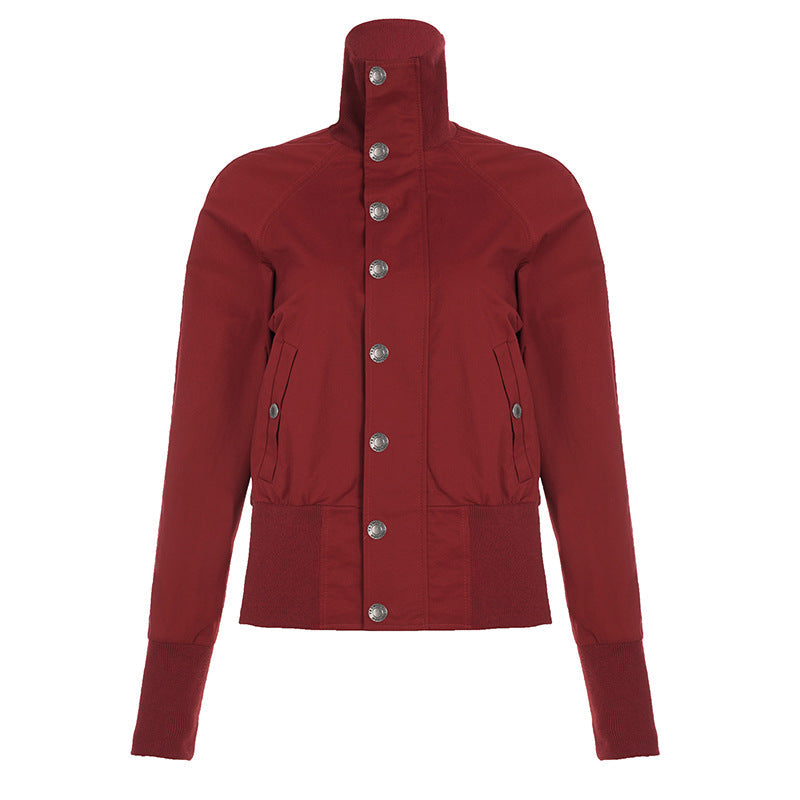 High neck long sleeve pocket button zip-up top