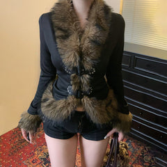 Fluffy long sleeve buckle v neck top