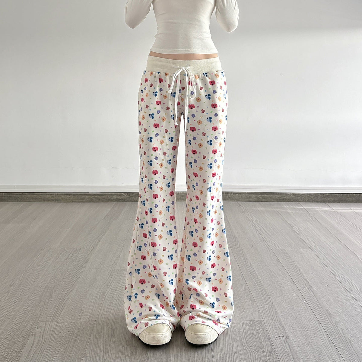 Drawstring print contrast low rise wide leg pant