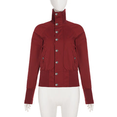 High neck long sleeve pocket button zip-up top