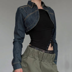 Long sleeve button turnover collar denim top