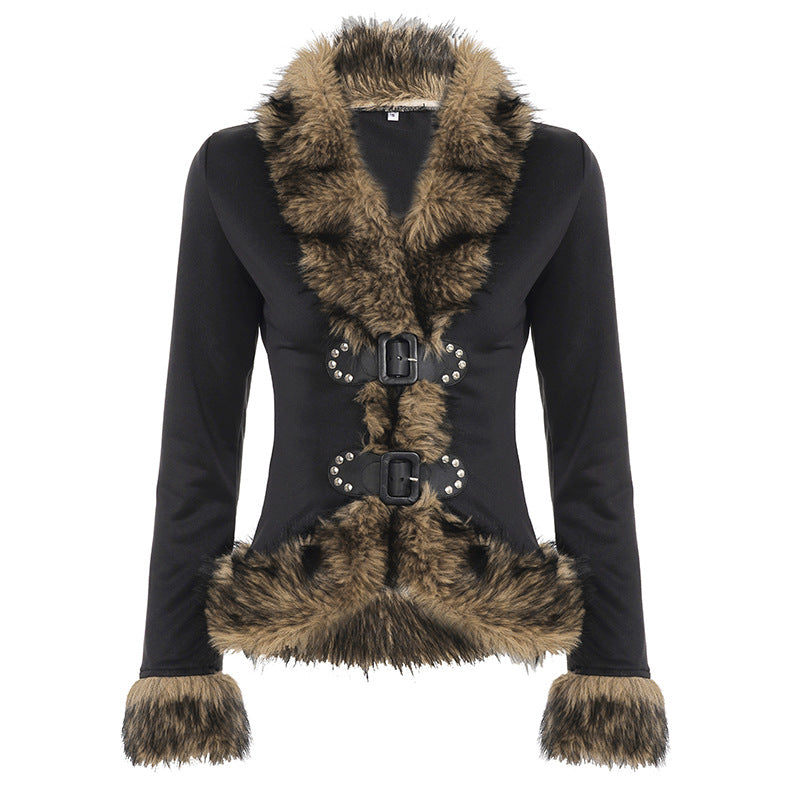 Fluffy long sleeve buckle v neck top