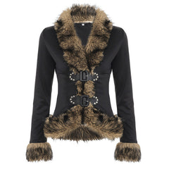 Fluffy long sleeve buckle v neck top