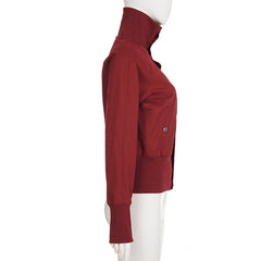 High neck long sleeve pocket button zip-up top