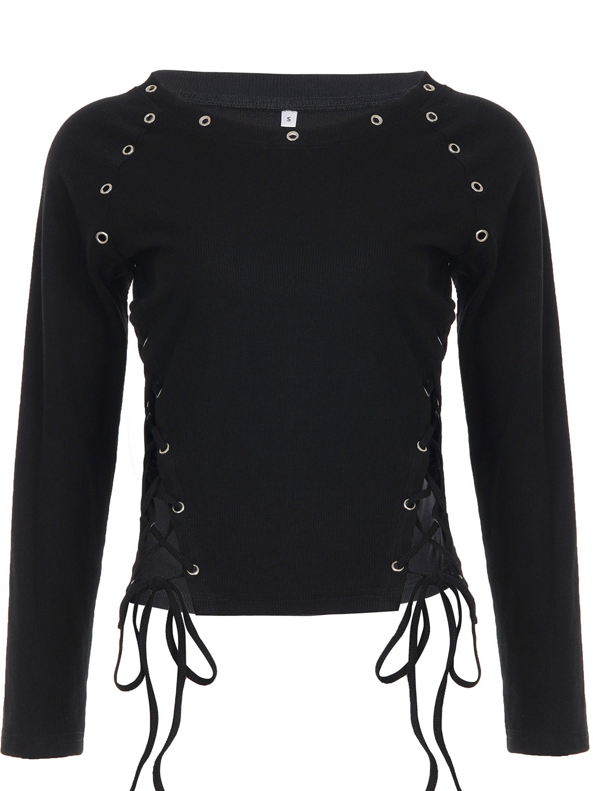 Long sleeve self tie crewneck ribbed top