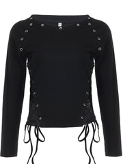 Long sleeve self tie crewneck ribbed top
