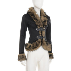 Fluffy long sleeve buckle v neck top
