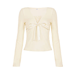 Bowknot long sleeve v neck lace top