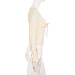 Bowknot long sleeve v neck lace top