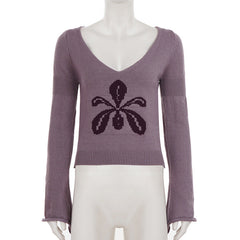 Knitted long sleeve v neck flower pattern top