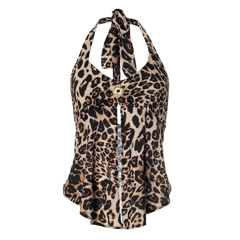 Leopard print halter v neck self tie slit top
