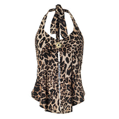 Leopard print halter v neck self tie slit top