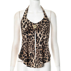 Leopard print halter v neck self tie slit top