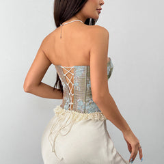 Lace up corset print lace hem tube top