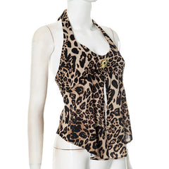 Leopard print halter v neck self tie slit top
