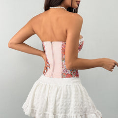 Sweetheart neck lace hem print zip-up tube top