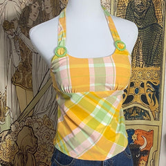 Halter self tie u neck plaid backless top