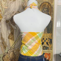 Halter self tie u neck plaid backless top