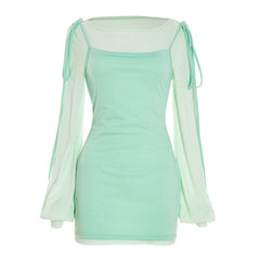 Long sleeve gloves crewneck self tie mini dress