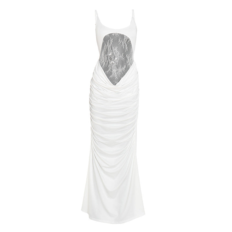 Ruched u neck lace solid cami maxi dress