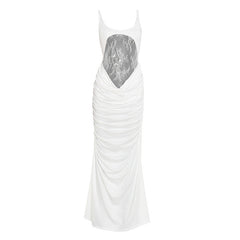 Ruched u neck lace solid cami maxi dress
