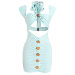 Hollow out halter self tie ruched cut out mini dress