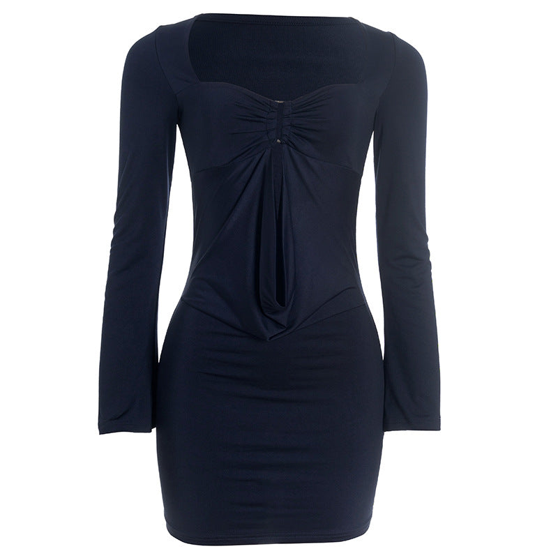 Hollow out long sleeve ruched solid cut out mini dress