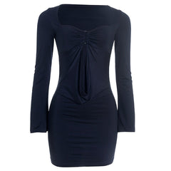 Hollow out long sleeve ruched solid cut out mini dress