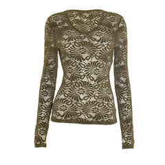 Long sleeve v neck lace see through top