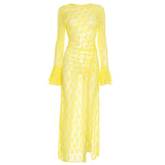 Long flared sleeve lace crewneck slit maxi dress