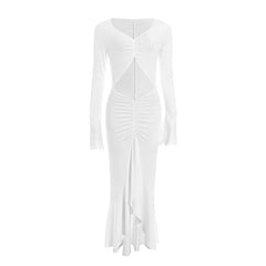 Long sleeve hollow out ruched v neck cut out maxi dress