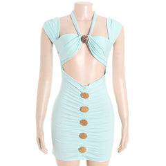 Hollow out halter self tie ruched cut out mini dress