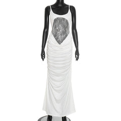 Ruched u neck lace solid cami maxi dress