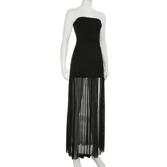 Slit mesh ruched backless tube maxi dress