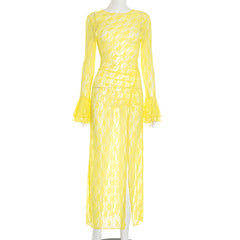 Long flared sleeve lace crewneck slit maxi dress