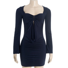 Hollow out long sleeve ruched solid cut out mini dress