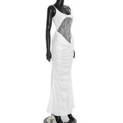 Ruched u neck lace solid cami maxi dress